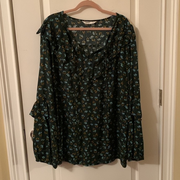 NWT Sonoma green w/lt blue flowers ruffles on collar & long sleeves blouse 4x - Picture 2 of 14